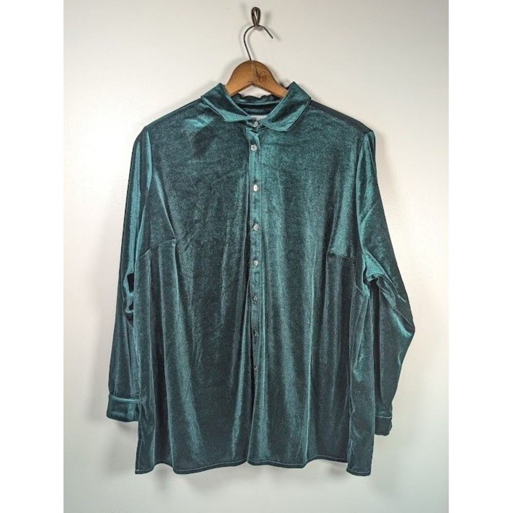 Catherines Velvet Button Down Tunic Top Size 1X Green Flowy Boho Minimalist NEW